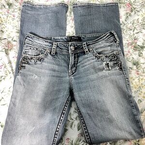 Silver Flared Vintage Embroidered Jeans